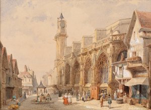 Rua da aldeia francesa com uma catedral